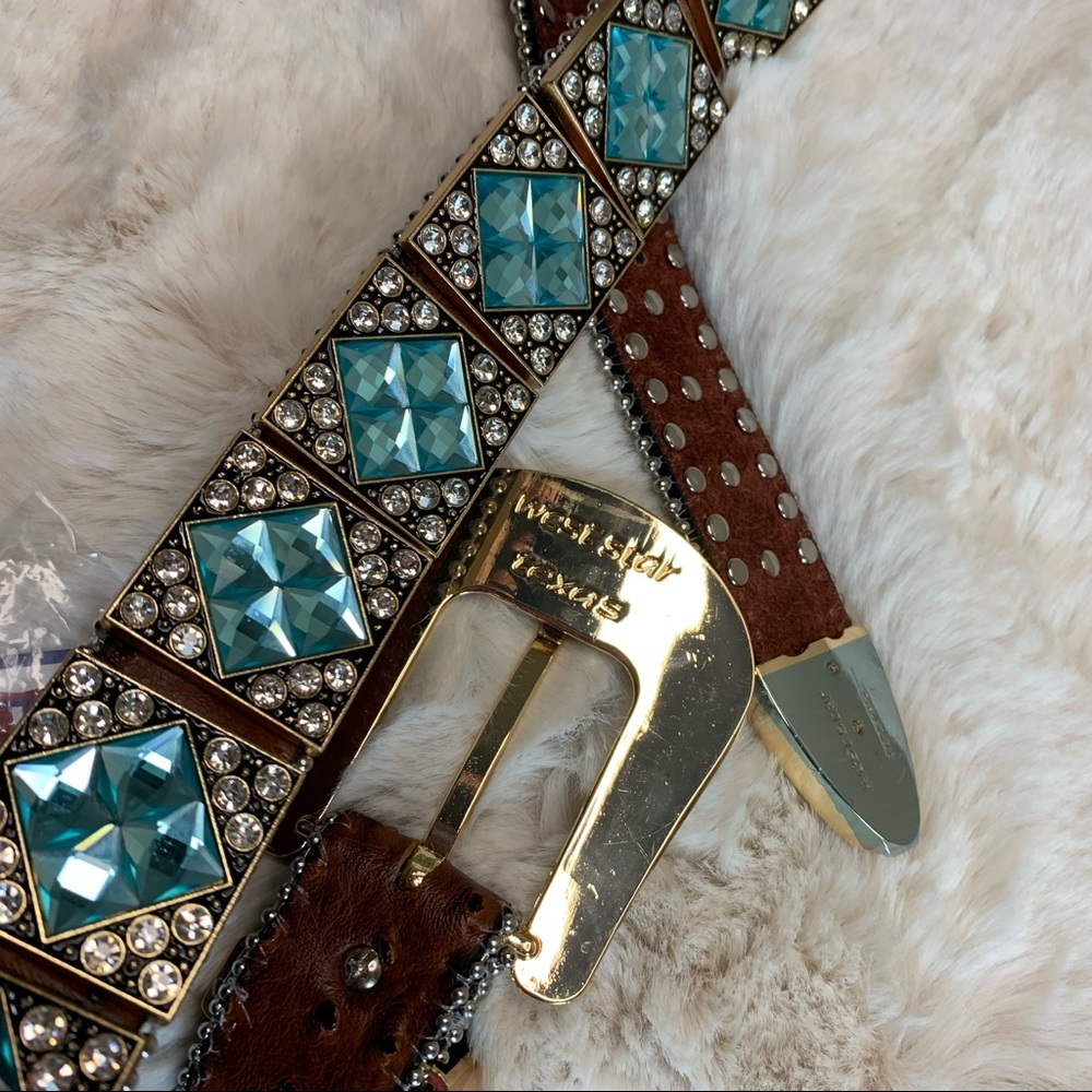 Men's West Star Texas Leather Bling Belt with Blue Crystal Conchos Size Large - Picture 3 of 11